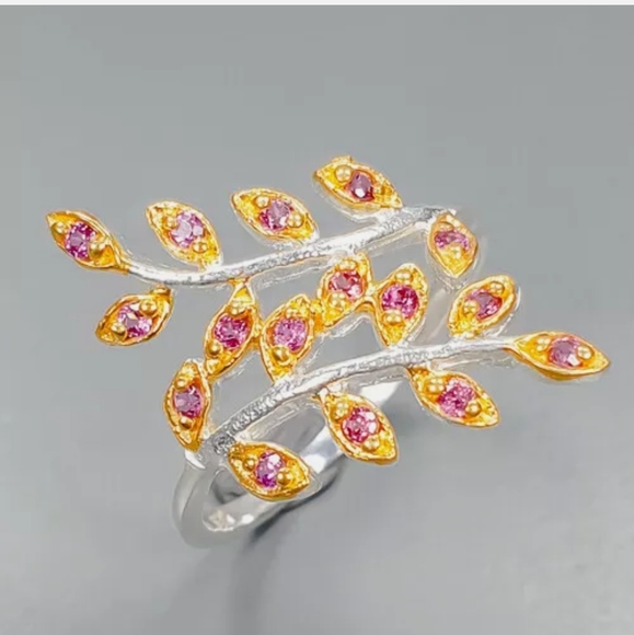 Sterling ruby & gold sz 8 24k lattice floral ring - Picture 3 of 5
